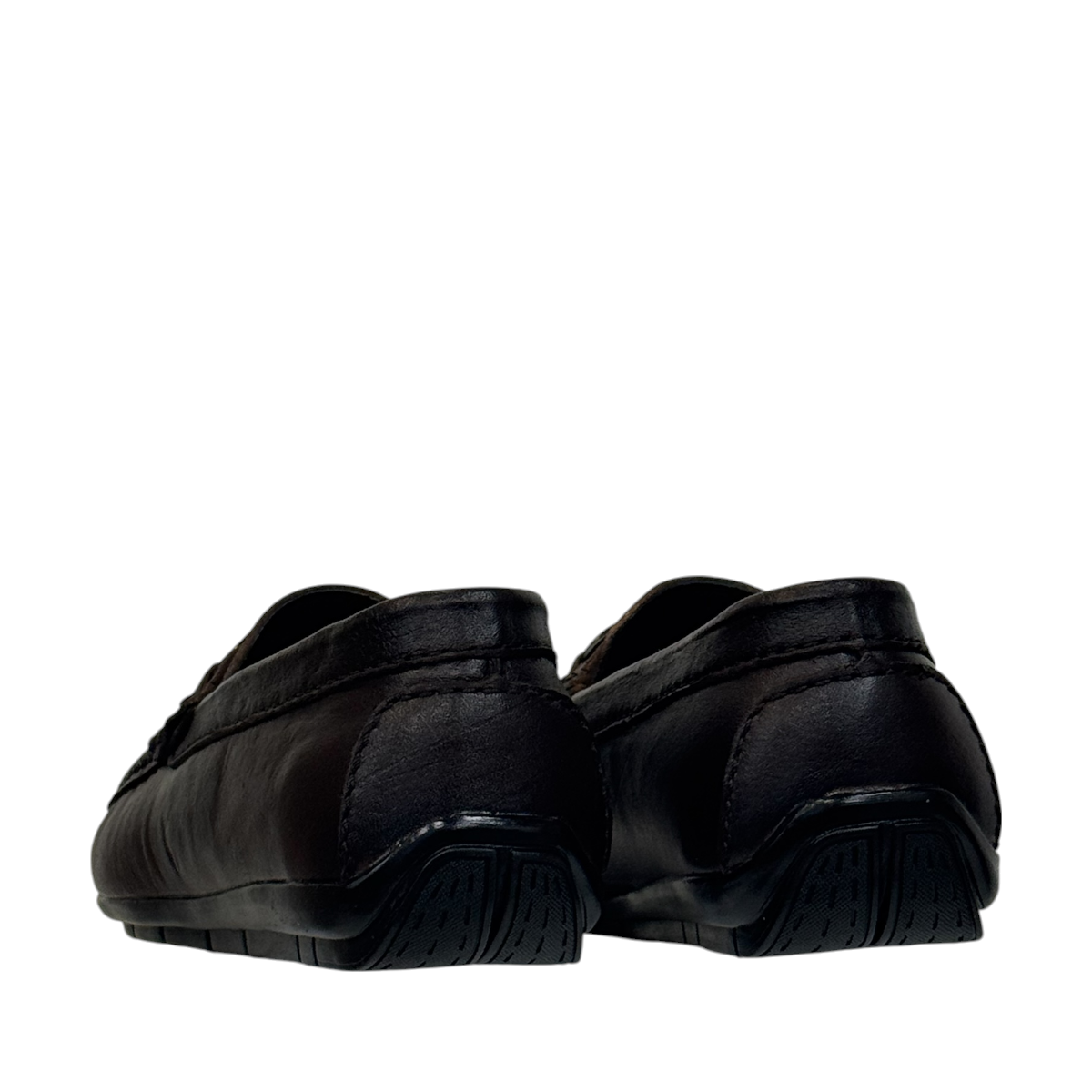 Satel Poonak dark brown genuine leather loafers with handmade stitching and metal bit detail. Photo of back view.