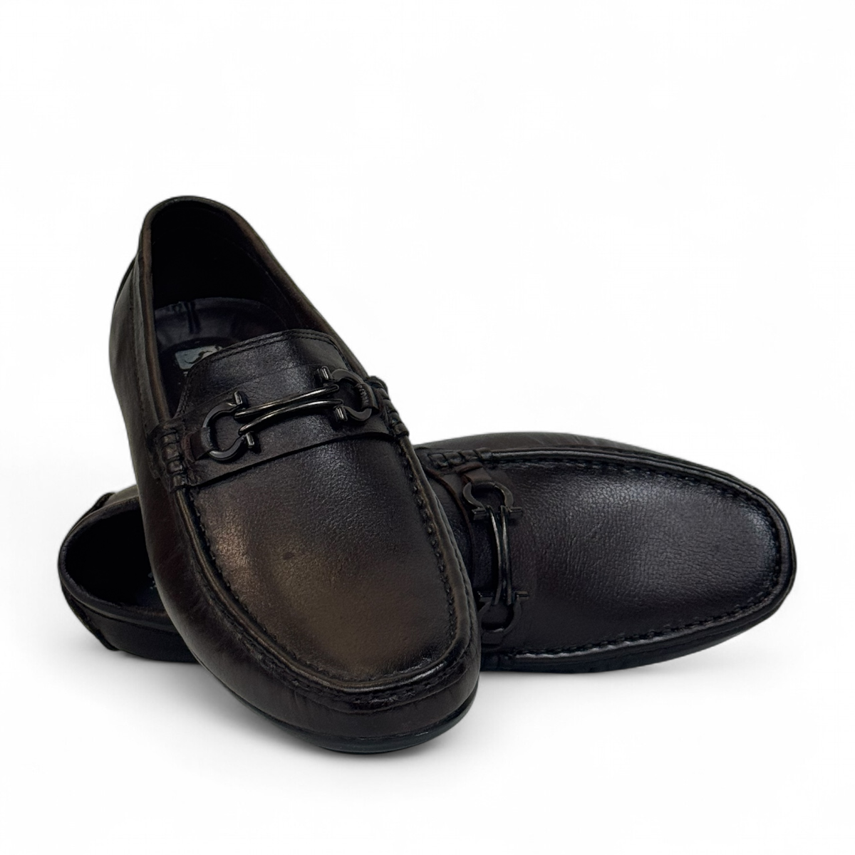 Satel Poonak dark brown genuine leather loafers with handmade stitching and metal bit detail. Photo of upper view.