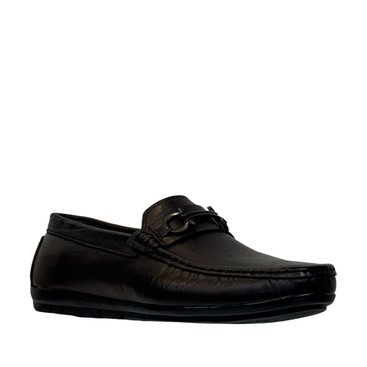 Satel Poonak dark brown genuine leather loafers with handmade stitching and metal bit detail. Photo of front side view.