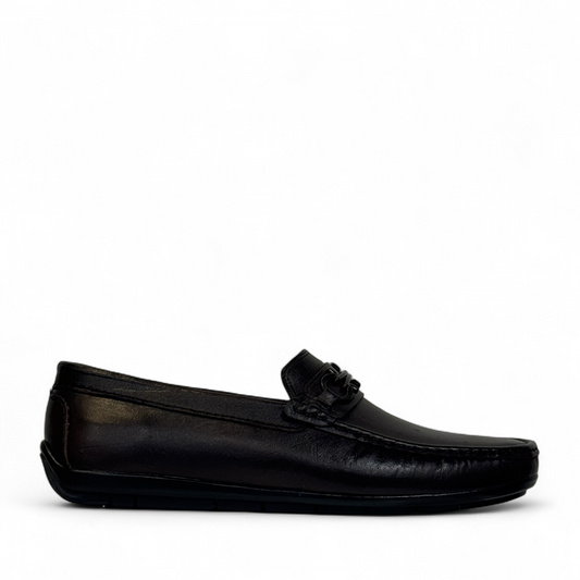 Satel Poonak dark brown genuine leather loafers with handmade stitching and metal bit detail. Photo of right side view.