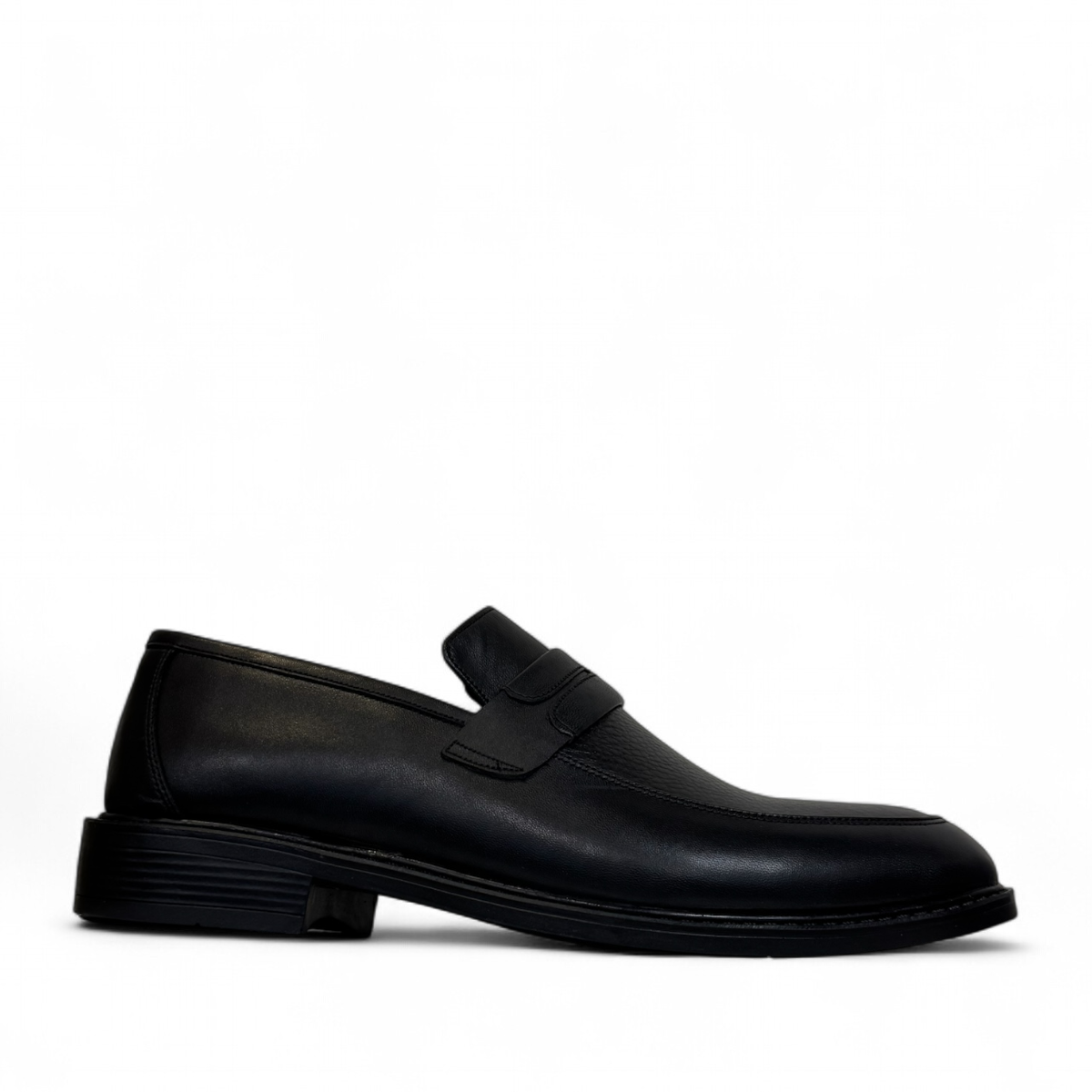 Satel Satani black leather loafer with handmade stitching and durable rubber outsole for formal or casual wear. Photo of right side view.