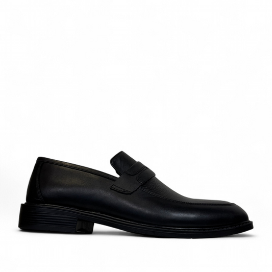 Satel Satani black leather loafer with handmade stitching and durable rubber outsole for formal or casual wear. Photo of right side view.