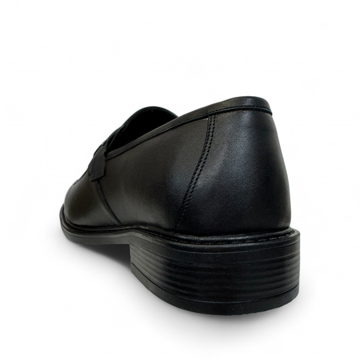 Satel Satani black leather loafer with handmade stitching and durable rubber outsole for formal or casual wear. Photo of back side view.