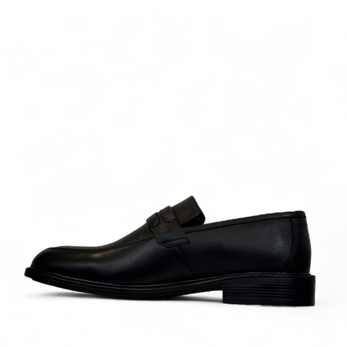Satel Satani black leather loafer with handmade stitching and durable rubber outsole for formal or casual wear. Photo of left side view.
