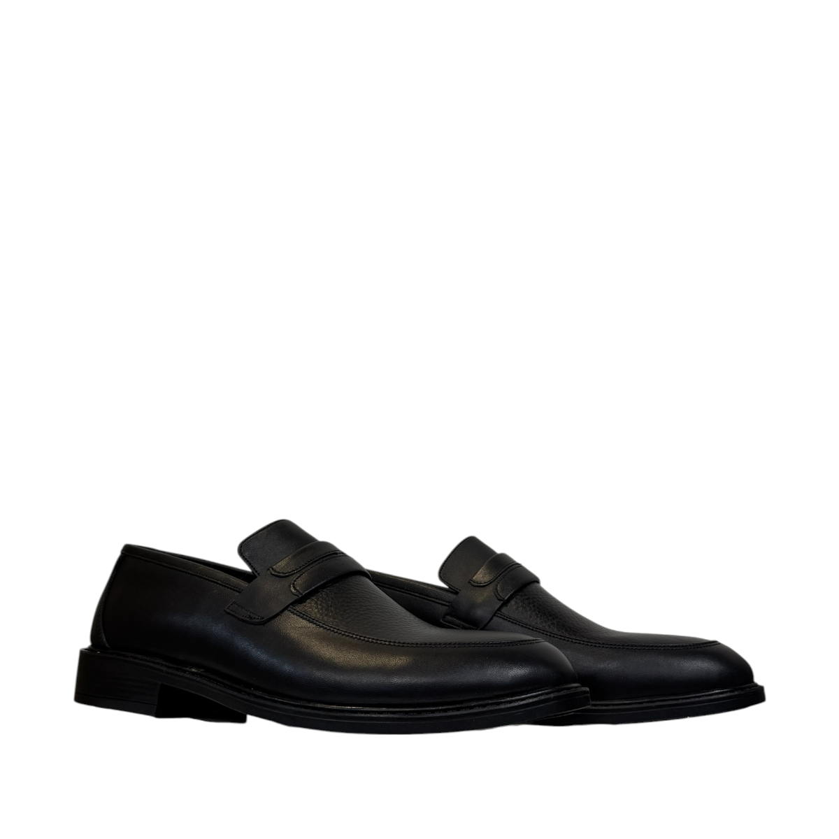 Satel Satani black leather loafer with handmade stitching and durable rubber outsole for formal or casual wear. Photo of side views.