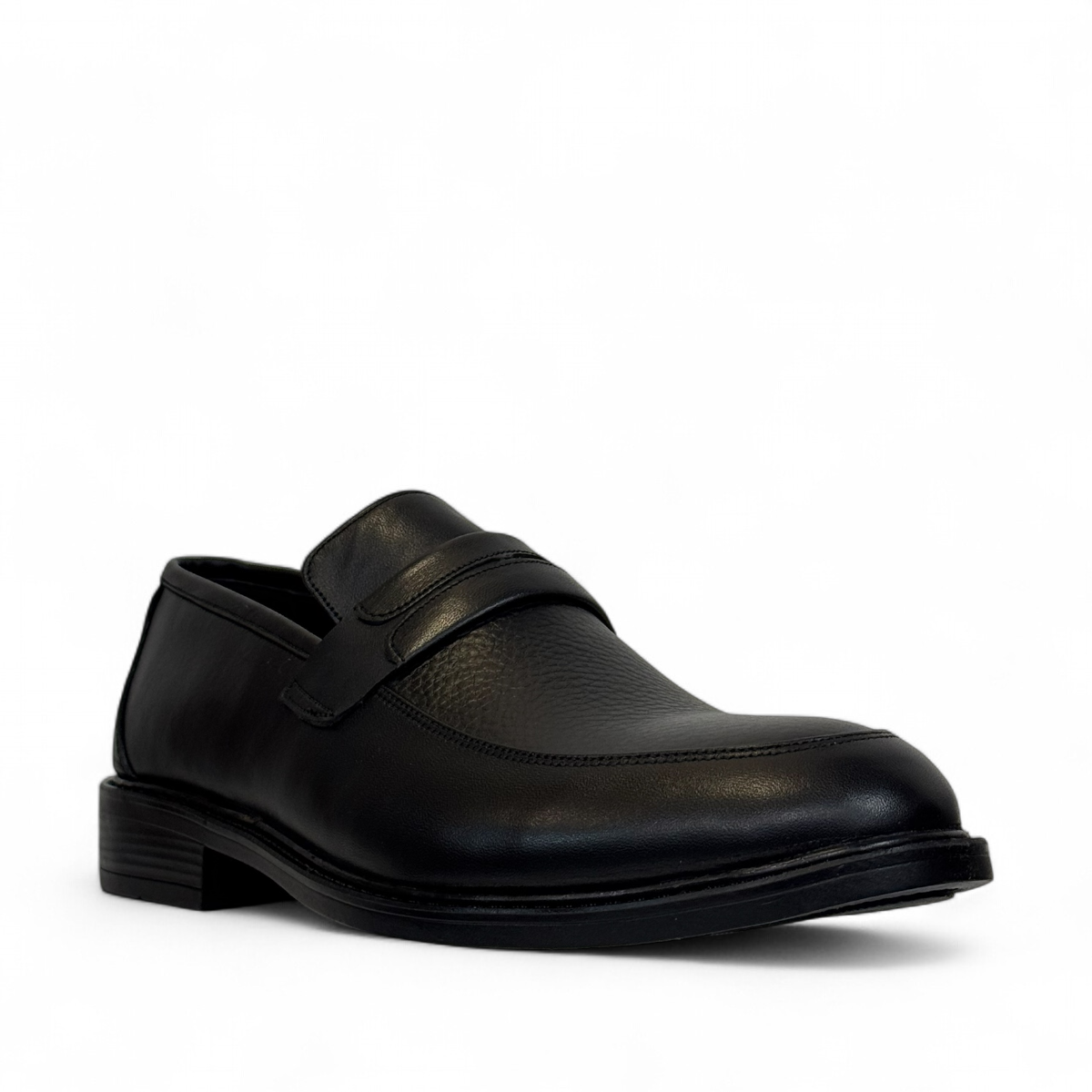 Satel Satani black leather loafer with handmade stitching and durable rubber outsole for formal or casual wear. Photo of front side view.