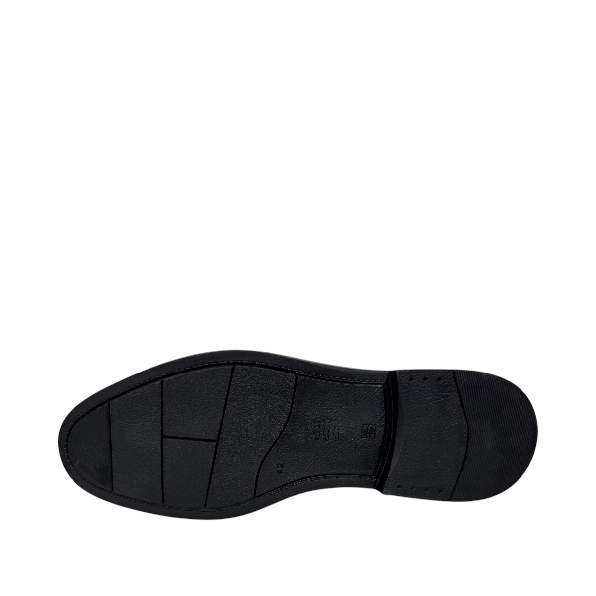 Satel Satani black leather loafer with handmade stitching and durable rubber outsole for formal or casual wear. Photo of bottom view.