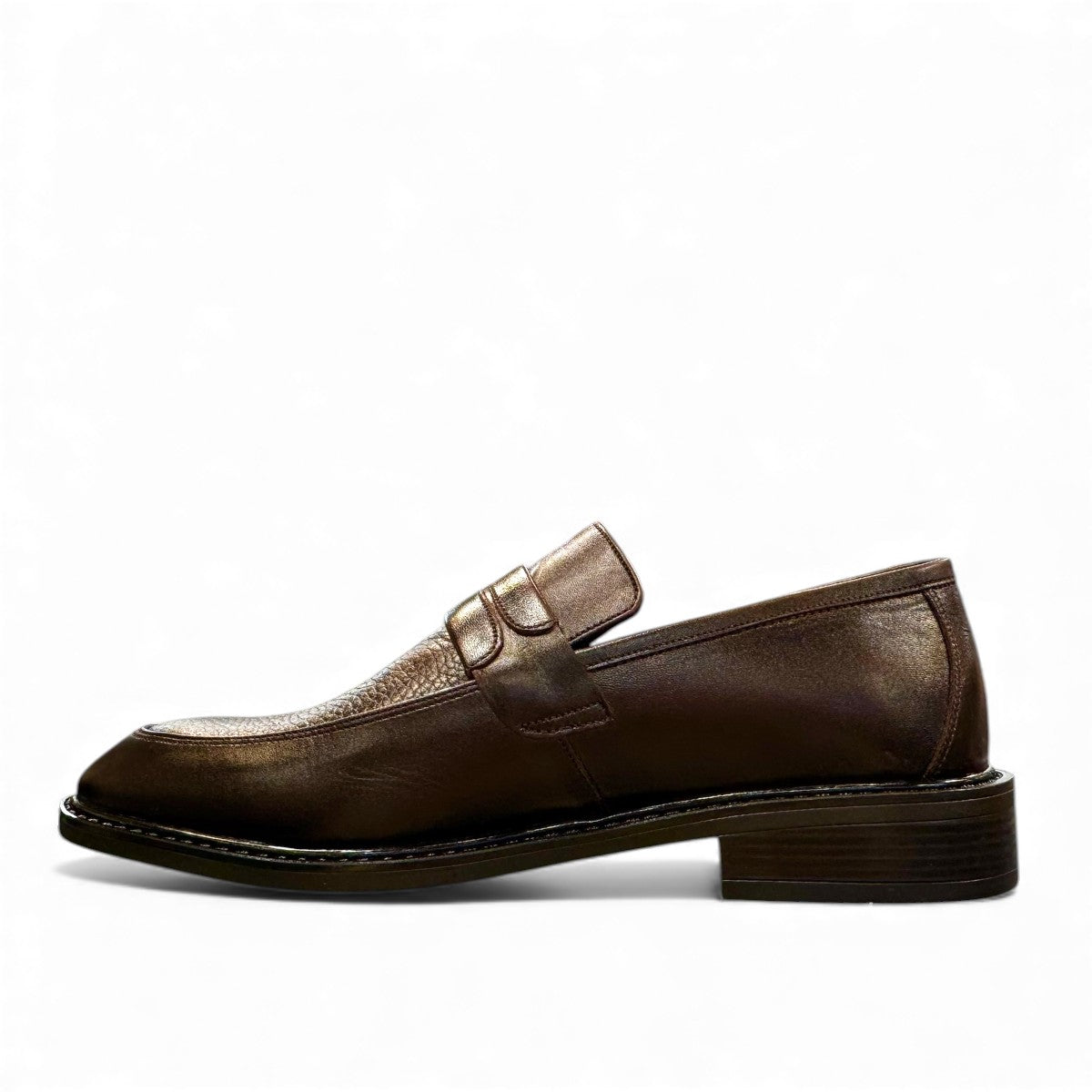 Satel Satani dark brown genuine leather loafers with handmade stitching and a durable rubber outsole. Photo of left side view.