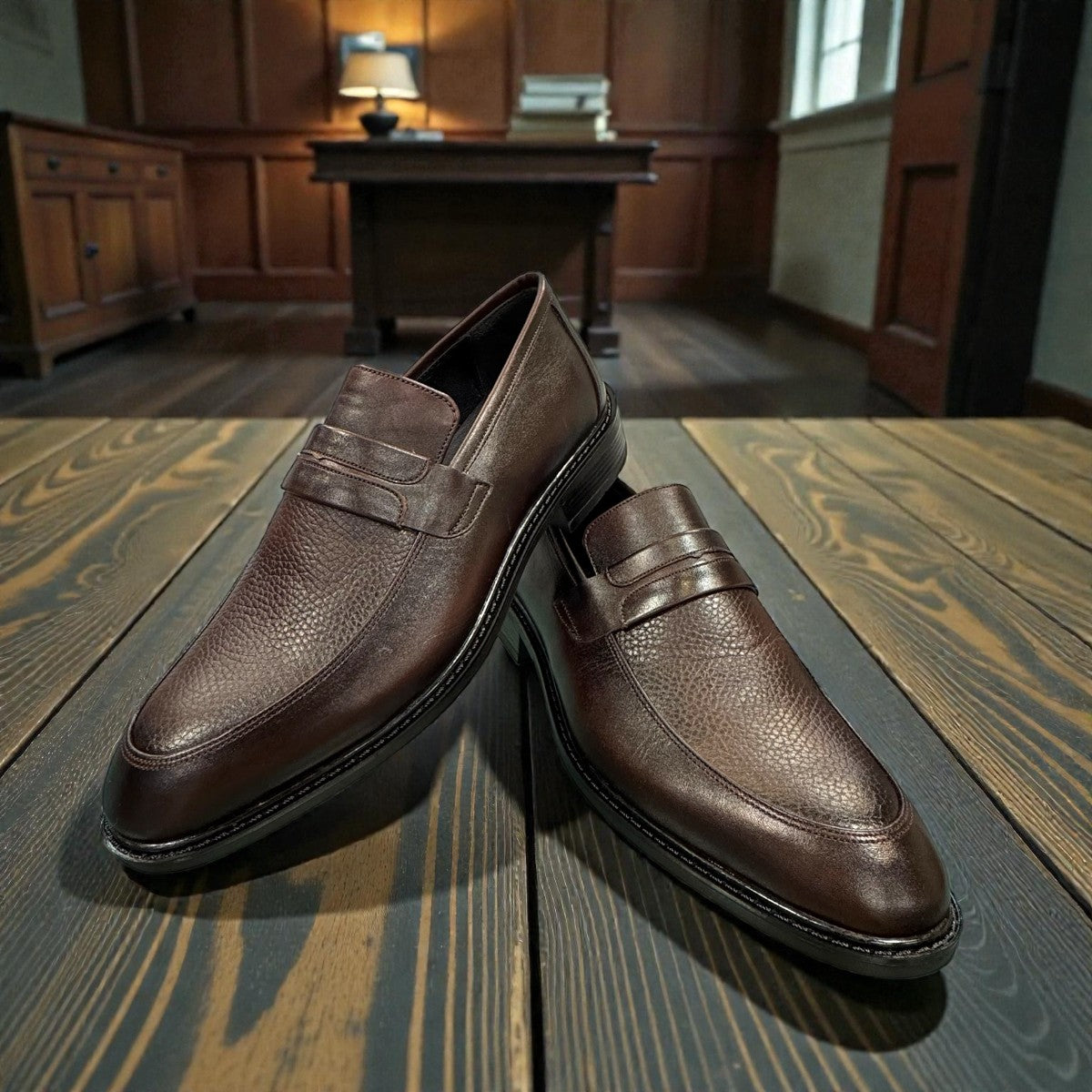 Satel Satani dark brown genuine leather loafers with handmade stitching and a durable rubber outsole. Photo of upper view.