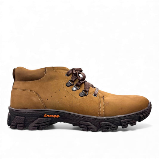 Satel Shorabil beige lace-up boots with brown laces and a durable black rubber lug sole for traction. Photo of right side view.