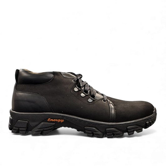Satel Shorabil black suede lace-up boots with durable rubber lug soles and handmade stitching details. Photo of right side view.