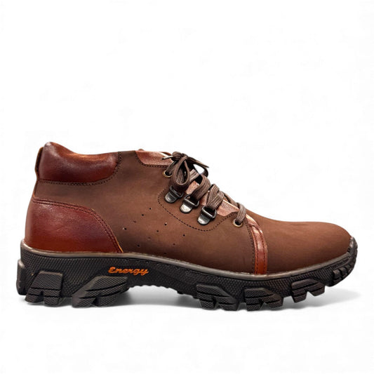 Satel Shorabil brown leather lace-up boots with durable rubber lug soles and detailed handmade stitching. Photo of right side view.