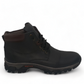 Satel Sistan black leather men's boots with a durable rubber outsole and brown padded collar detail. Photo of right side view.