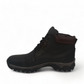 Satel Sistan black leather men's boots with a durable rubber outsole and brown padded collar detail. Photo of left side view.