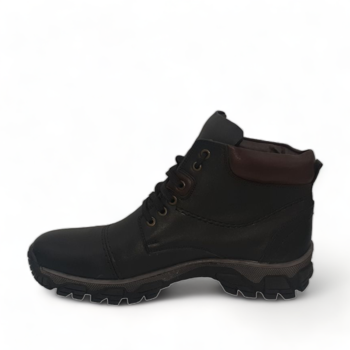 Satel Sistan black leather men's boots with a durable rubber outsole and brown padded collar detail. Photo of left side view.