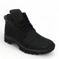Satel Sistan black leather men's boots with a durable rubber outsole and brown padded collar detail. Photo of front side view.