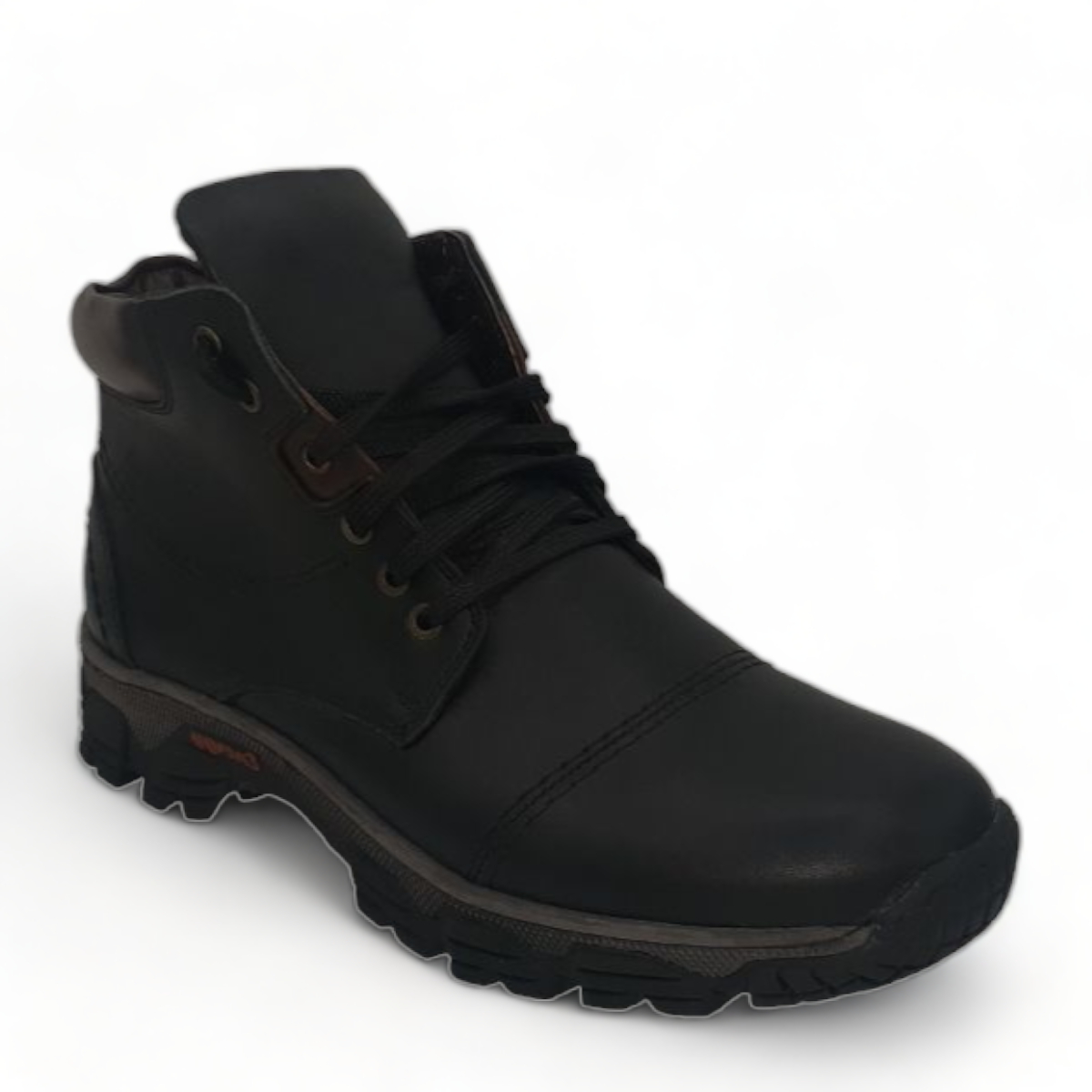 Satel Sistan black leather men's boots with a durable rubber outsole and brown padded collar detail. Photo of front side view.
