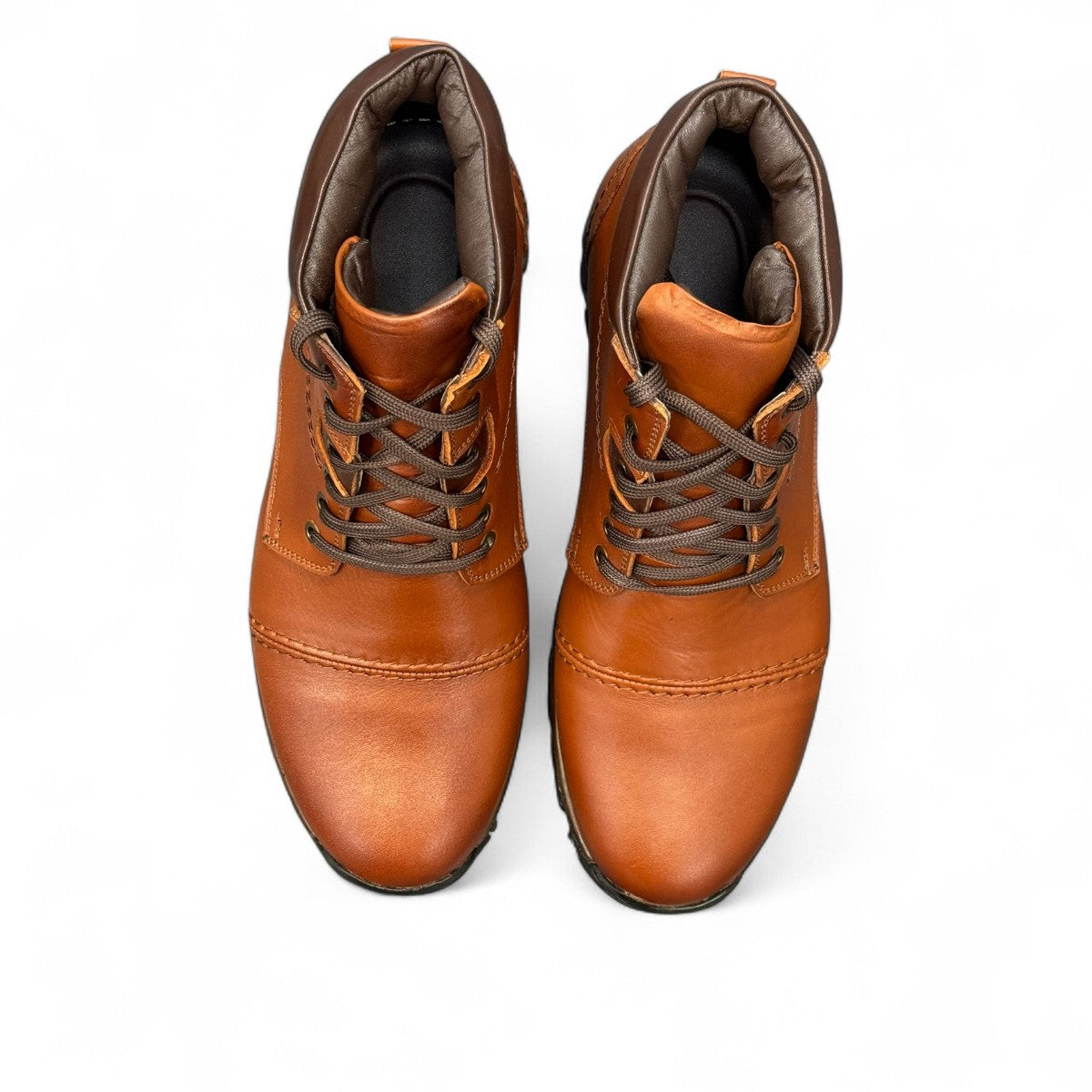 Satel Sistan light brown leather lace-up boots with a polished finish and durable rubber outsole for formal wear. Photo of upper view.