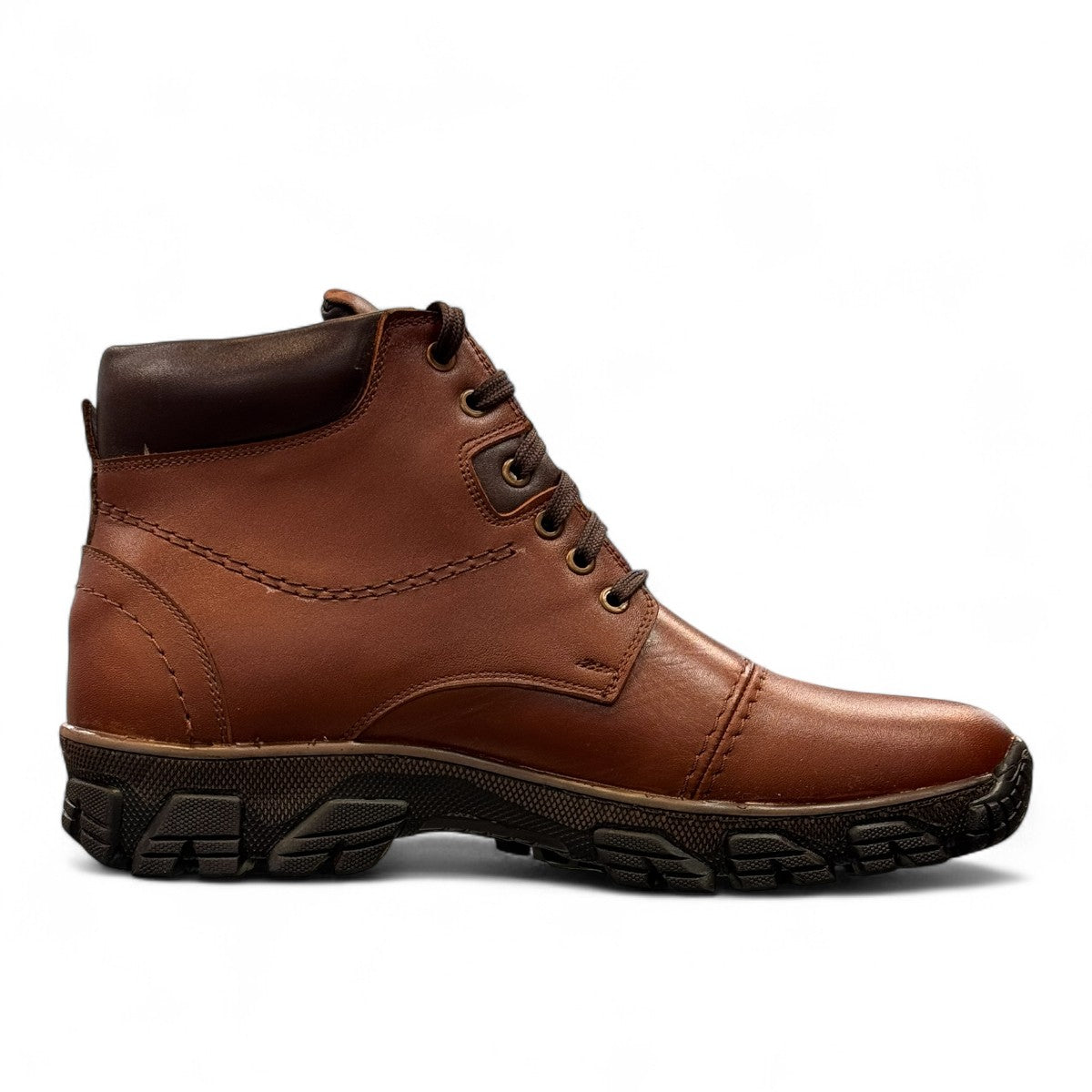 Satel Sistan light brown leather lace-up boots with a polished finish and durable rubber outsole for formal wear. Photo of right side view.