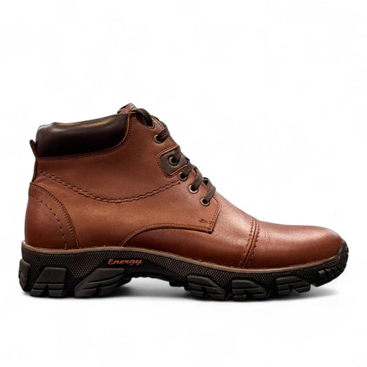 Satel Sistan light brown leather lace-up boots with a polished finish and durable rubber outsole for formal wear. Photo of right side view.