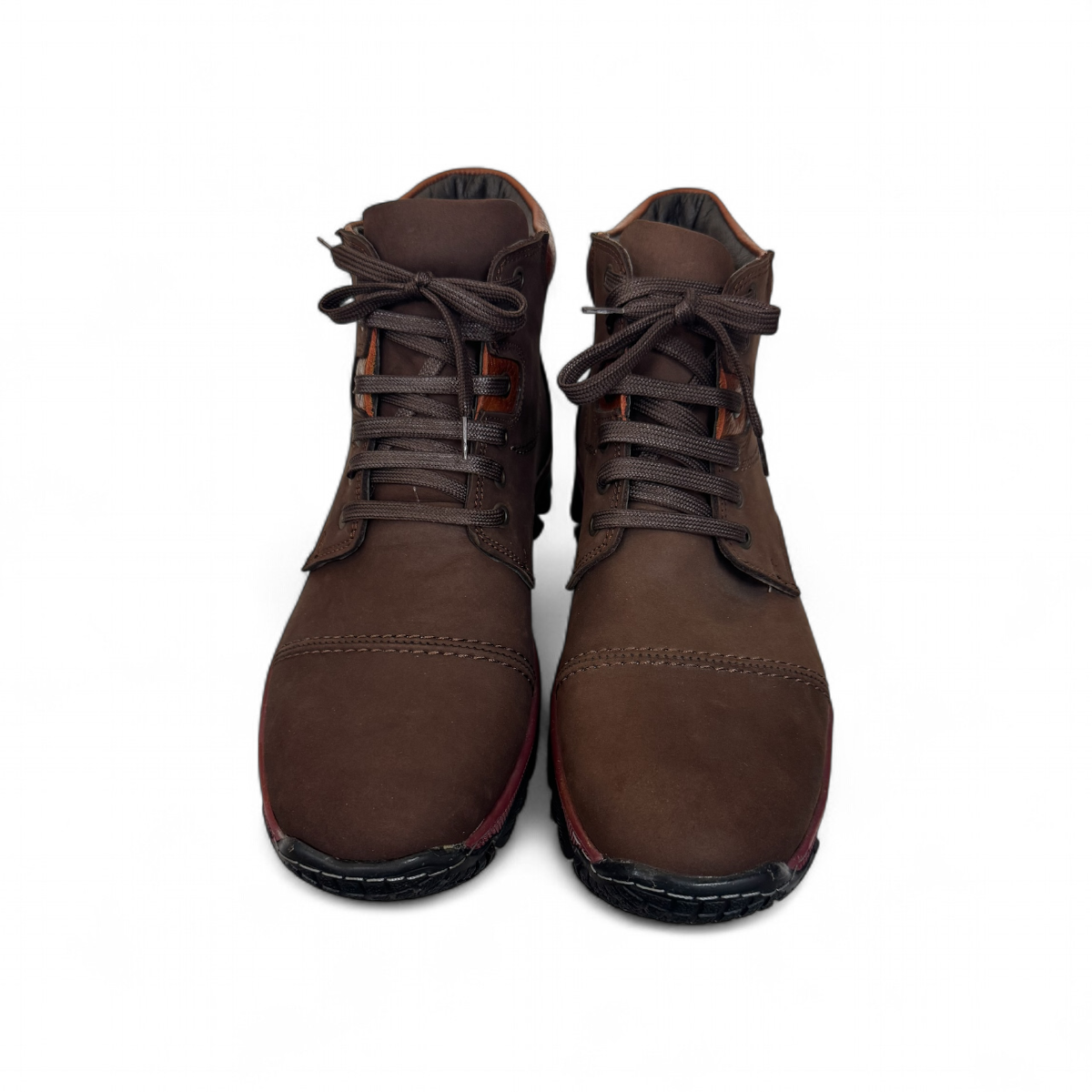 Satel Sistan suede dark brown lace-up boots with a durable rubber outsole and detailed stitching. Photo of front view.
