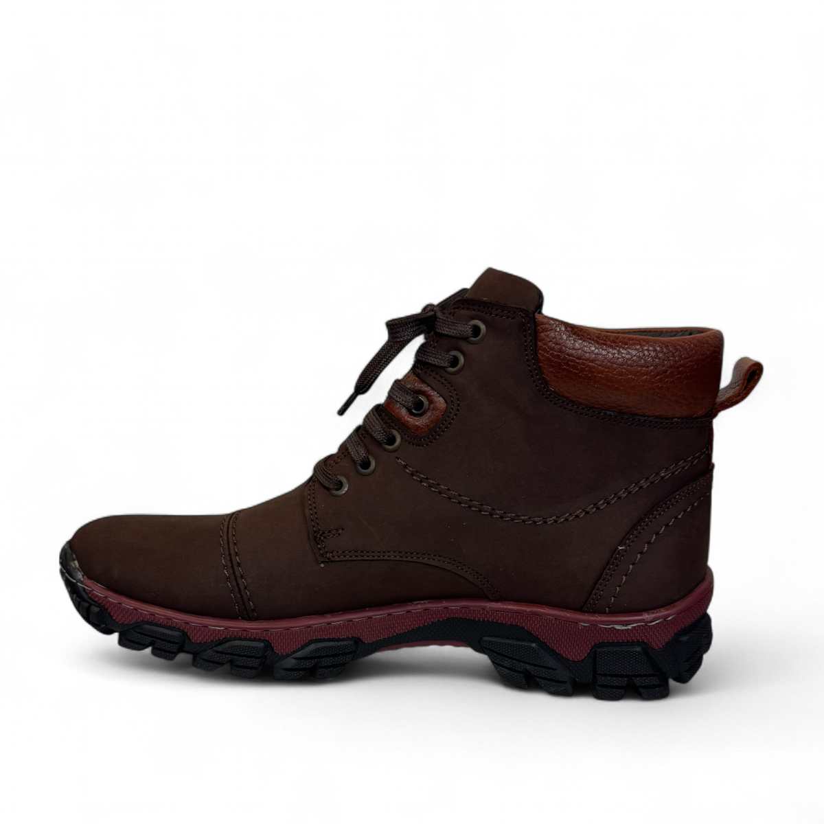 Satel Sistan suede dark brown lace-up boots with a durable rubber outsole and detailed stitching. Photo of left side view.