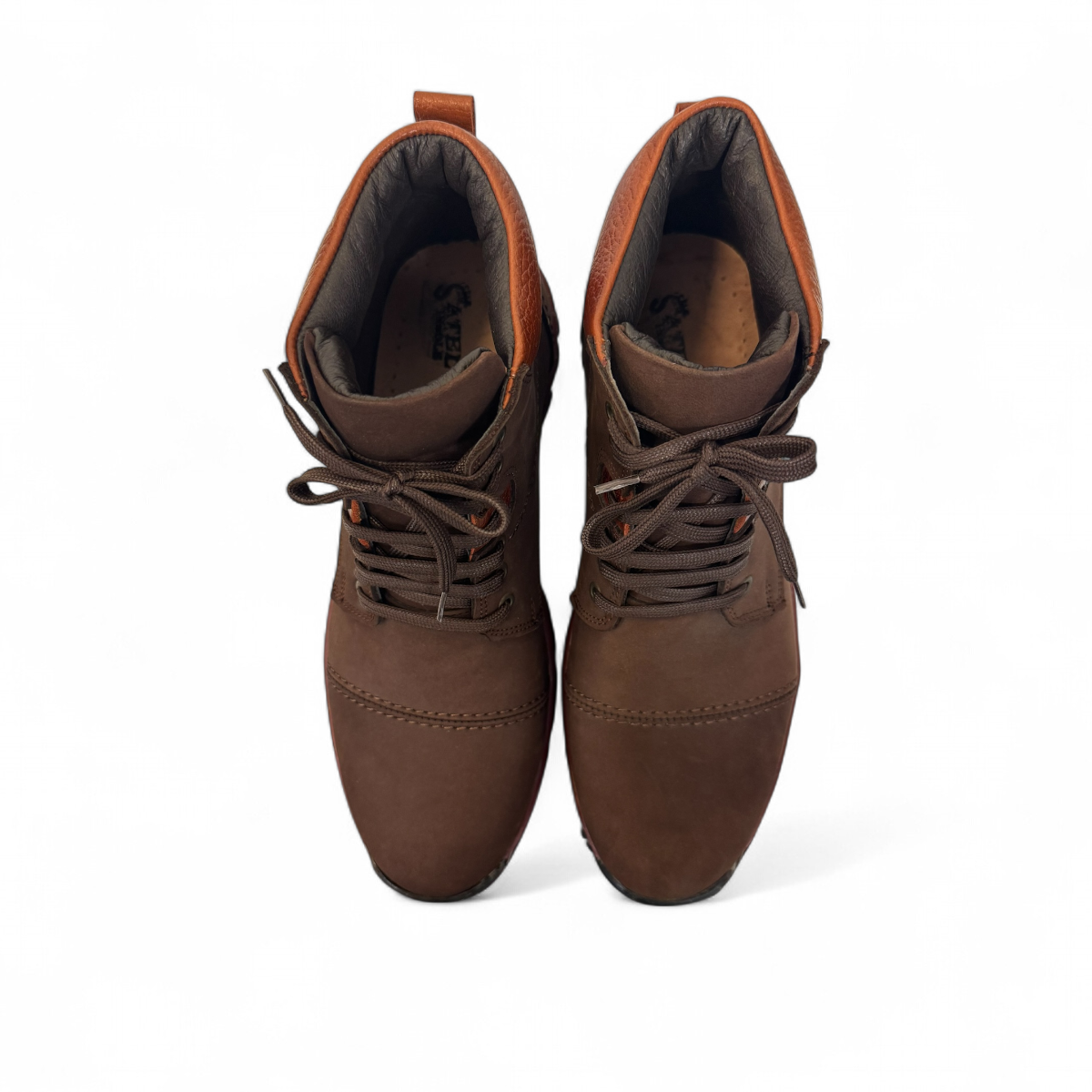 Satel Sistan suede dark brown lace-up boots with a durable rubber outsole and detailed stitching. Photo of upper view.