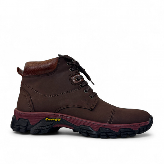 Satel Sistan suede dark brown lace-up boots with a durable rubber outsole and detailed stitching. Photo of right side view.