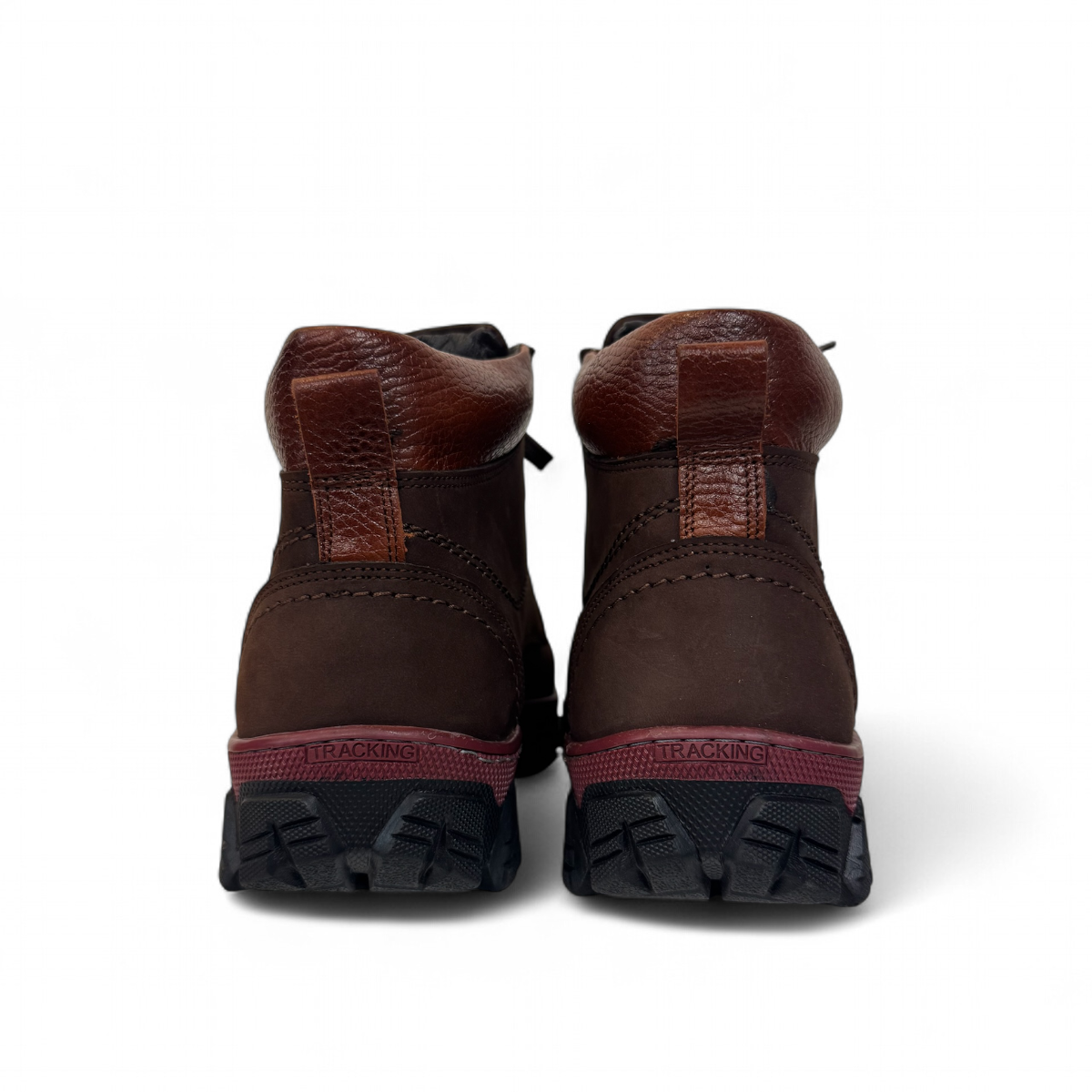 Satel Sistan suede dark brown lace-up boots with a durable rubber outsole and detailed stitching. Photo of back view.