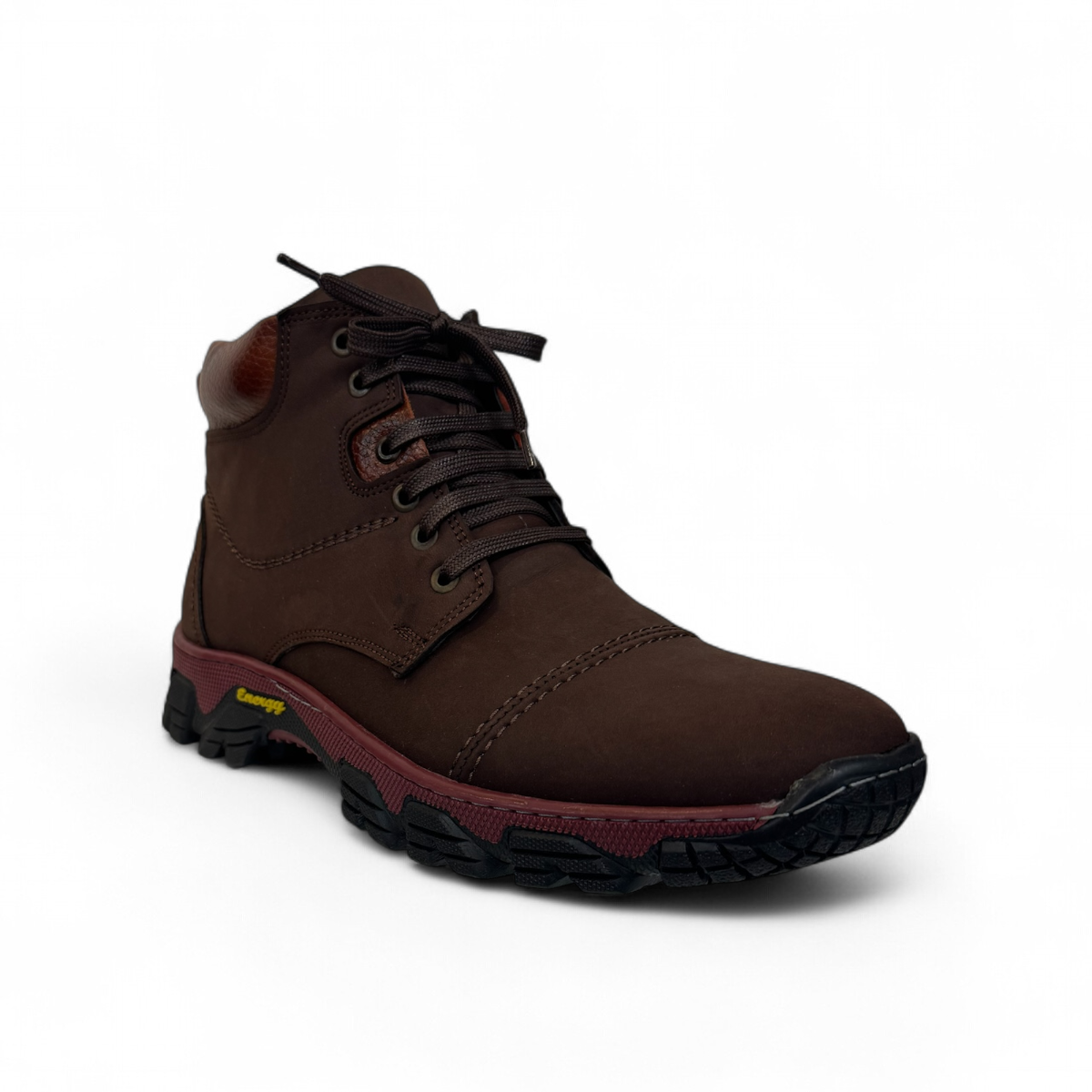 Satel Sistan suede dark brown lace-up boots with a durable rubber outsole and detailed stitching. Photo of front side view.