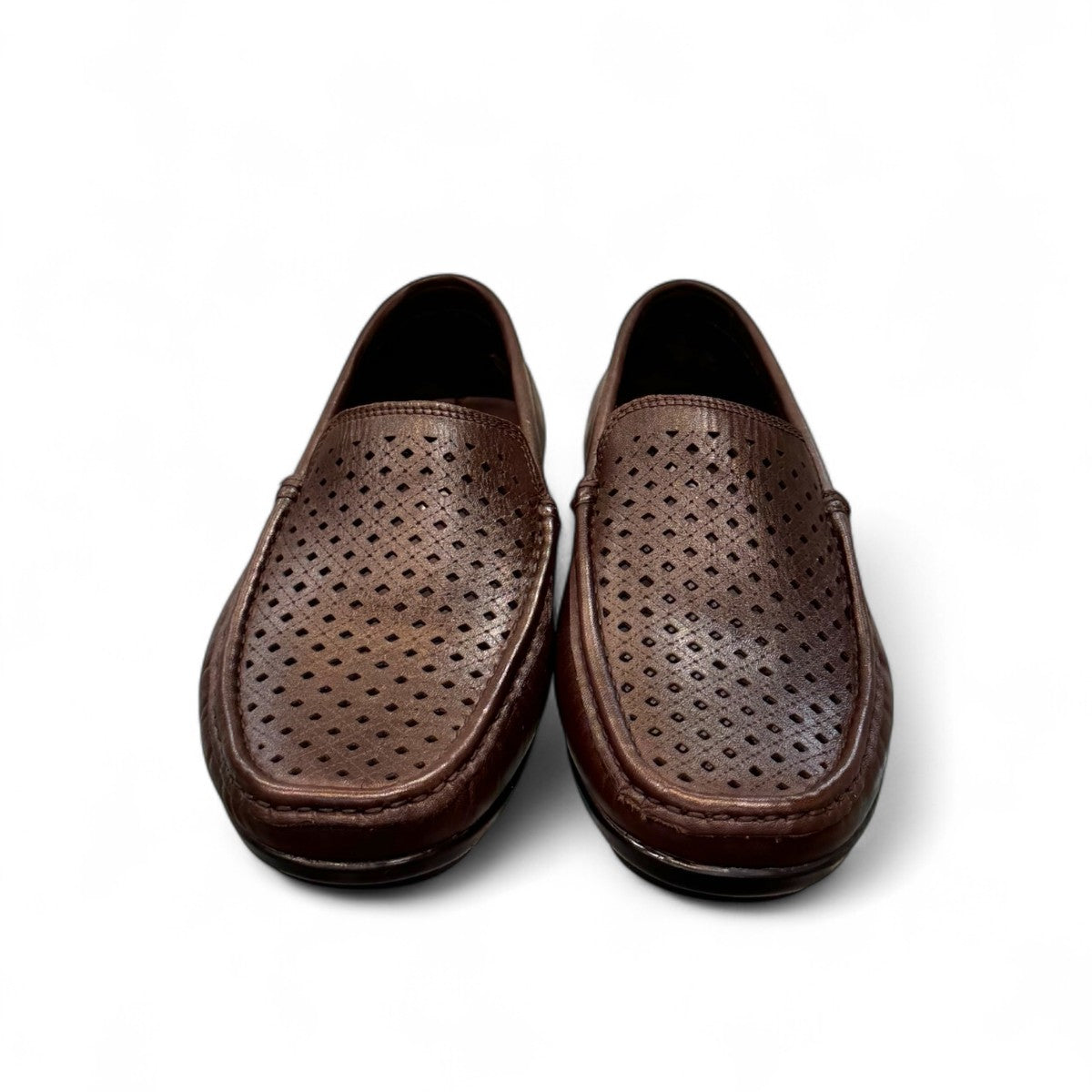 Satel Yashar dark brown leather loafers with perforated detail and handmade stitching. Photo of front view.