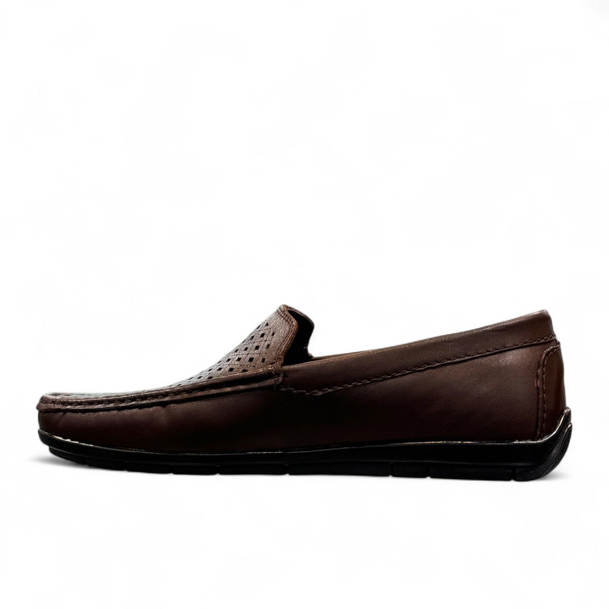 Satel Yashar dark brown leather loafers with perforated detail and handmade stitching. Photo of left side view.