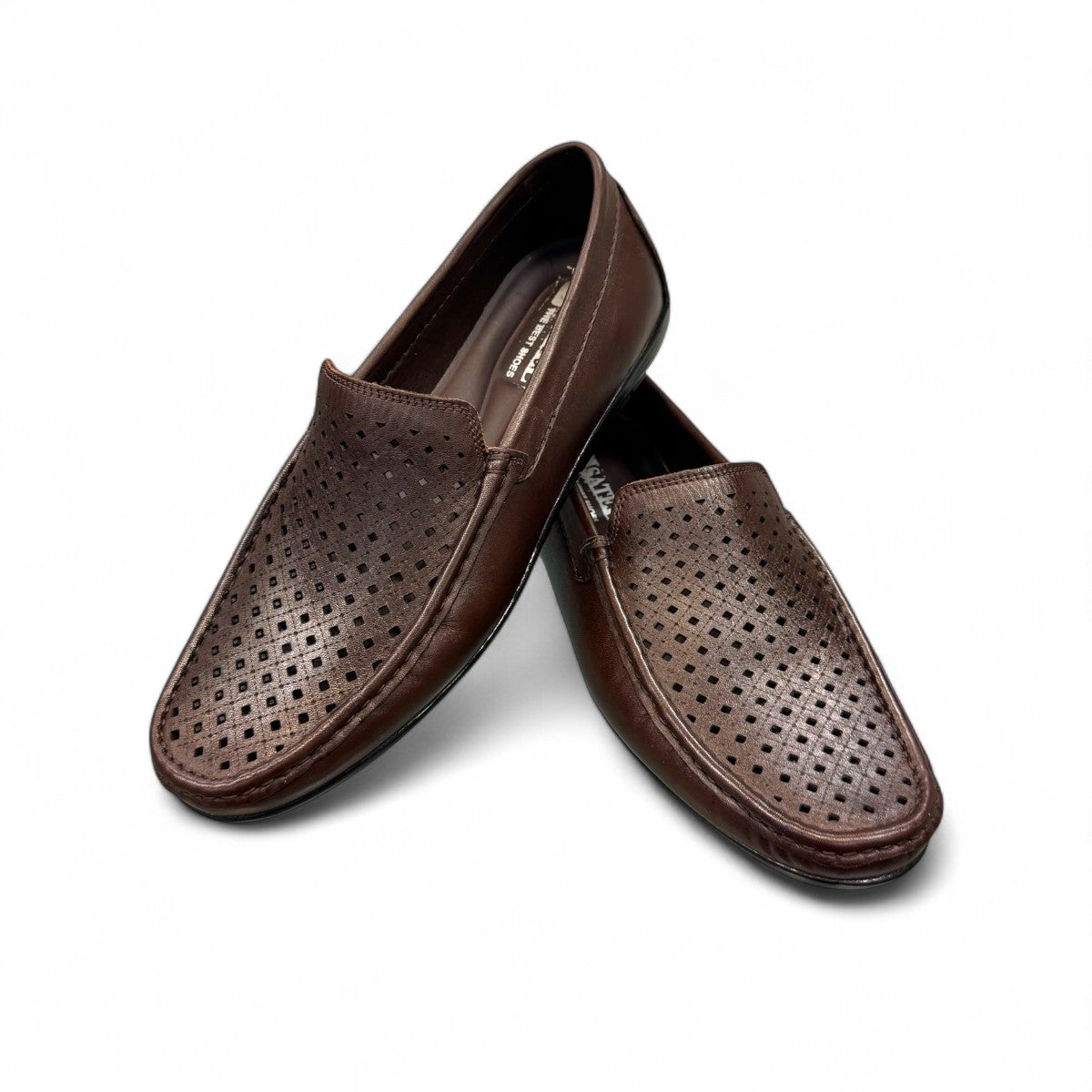 Satel Yashar dark brown leather loafers with perforated detail and handmade stitching. Photo of upper view.