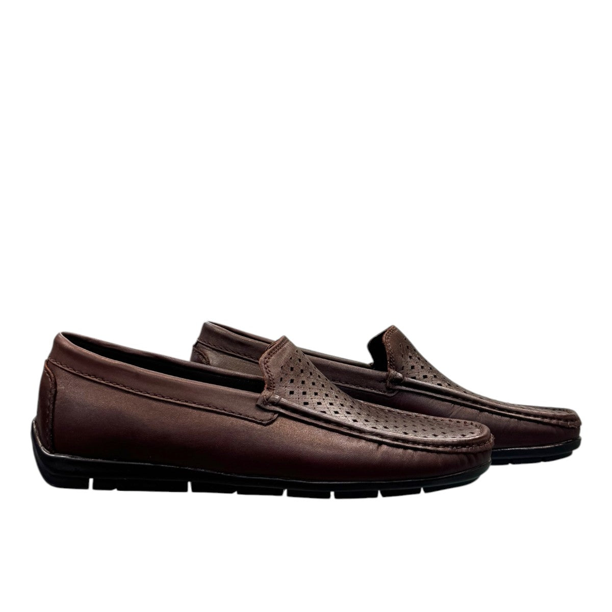 Satel Yashar dark brown leather loafers with perforated detail and handmade stitching. Photo of side views.