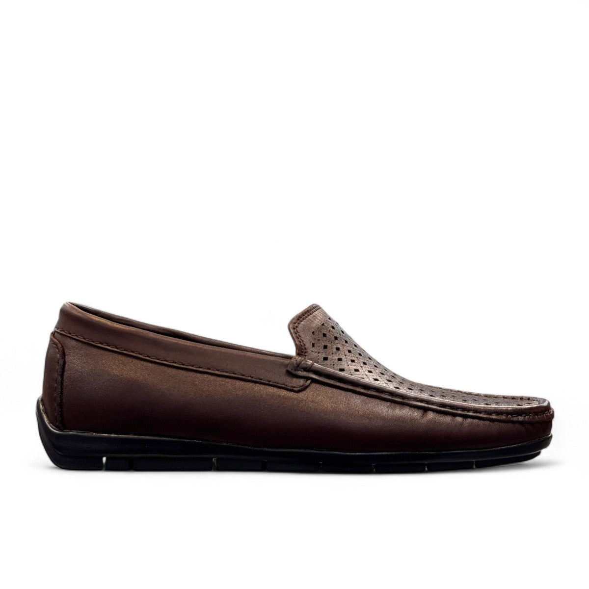 Satel Yashar dark brown leather loafers with perforated detail and handmade stitching. Photo of right side view.