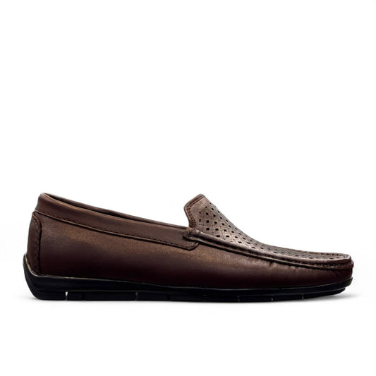 Satel Yashar dark brown leather loafers with perforated detail and handmade stitching. Photo of right side view.