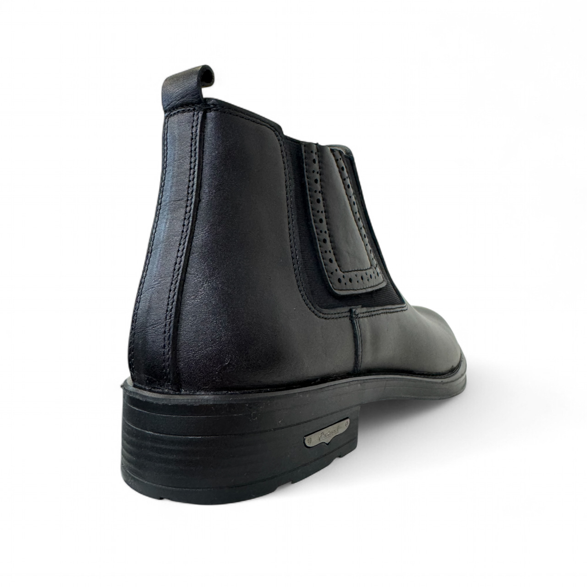 Satel Yazd black leather boots with elastic side panels, handmade stitching, and durable rubber outsole. Photo of back side view.