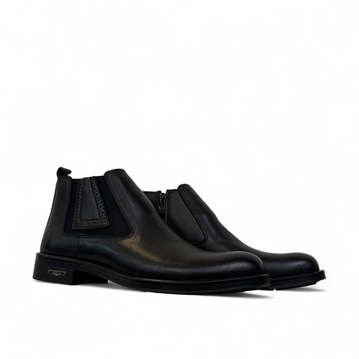 Satel Yazd black leather boots with elastic side panels, handmade stitching, and durable rubber outsole. Photo of side views.
