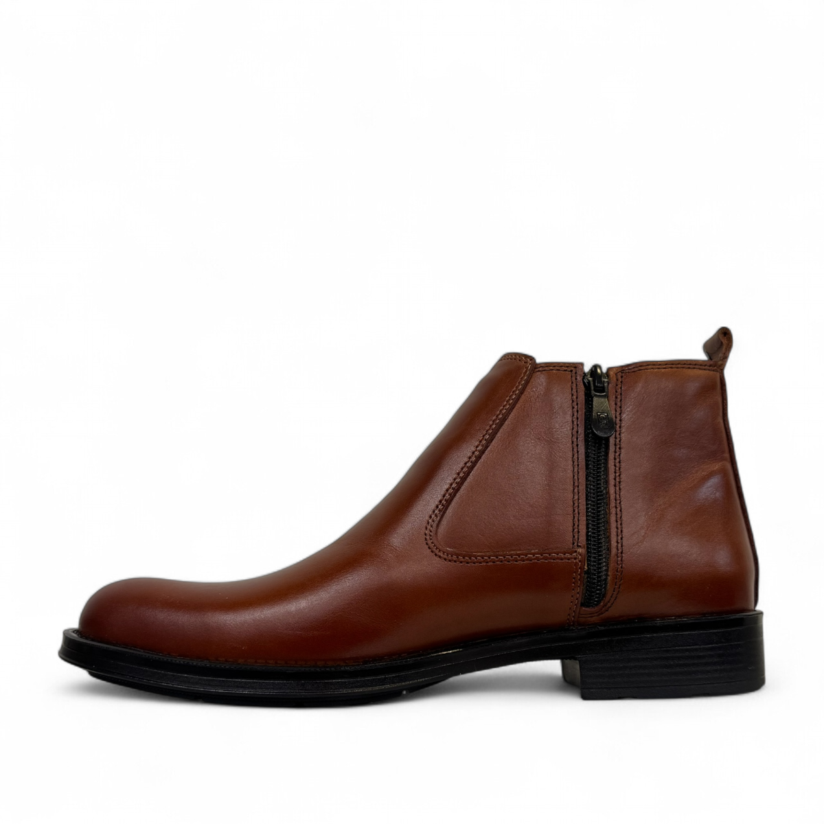 Satel Yazd dark brown genuine leather Chelsea boots with side elastic panels and rubber outsole. Photo of left side view.
