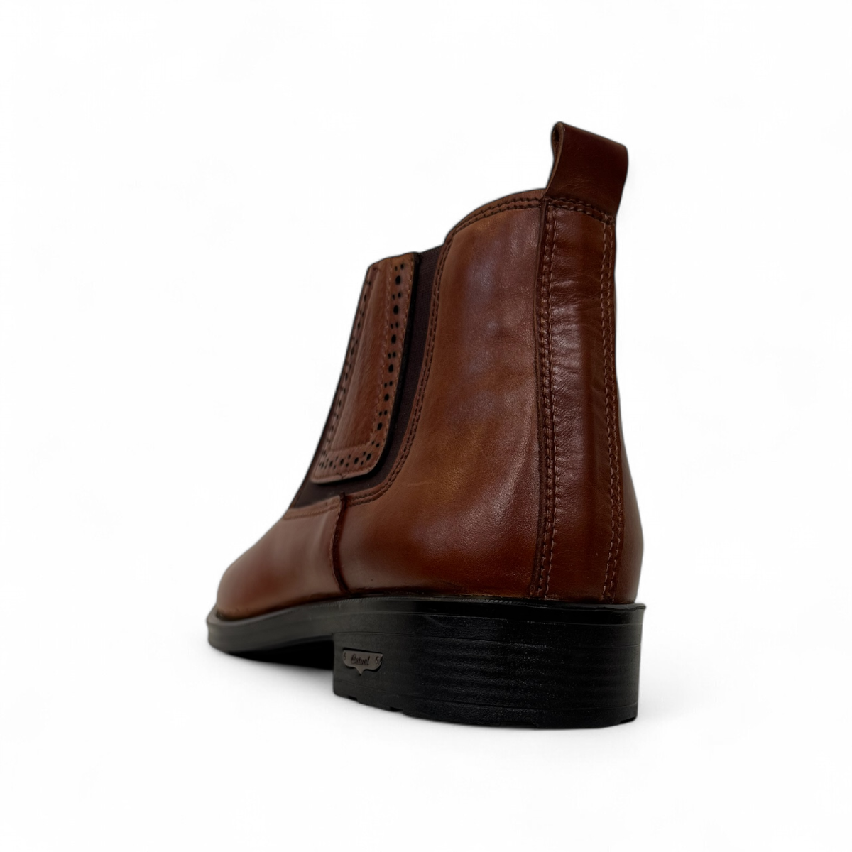 Satel Yazd dark brown genuine leather Chelsea boots with side elastic panels and rubber outsole. Photo of back view.