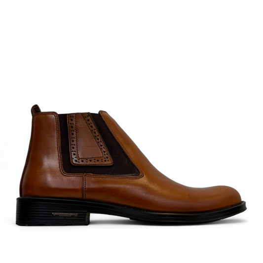 Satel Yazd light brown leather Chelsea boots with subtle handmade stitching and a durable black rubber outsole. Photo of right side view.