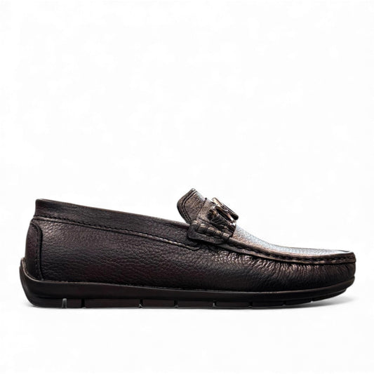 Satel Ariashahr black genuine leather loafer with handmade stitching and a polished finish. Photo of right side view.