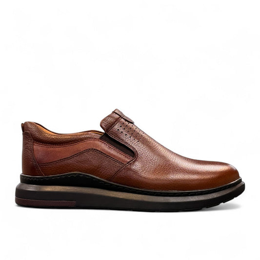 Sina Footwear Satel brown genuine leather slip-on shoe with a durable rubber outsole for formal or casual wear. Photo of right side view.