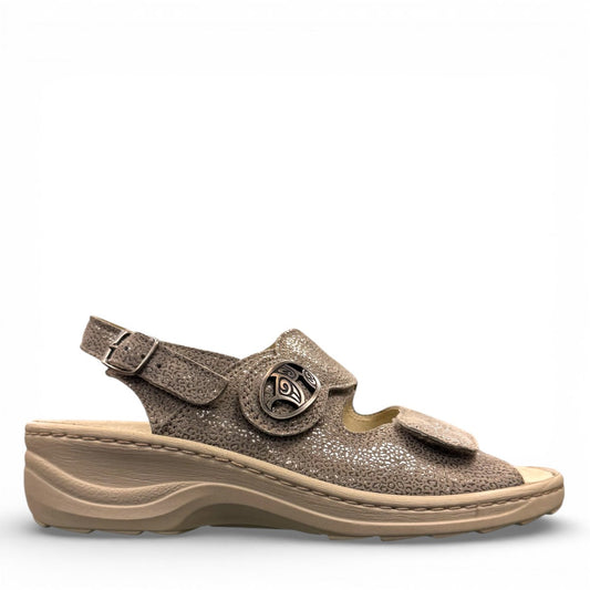 Softline Hedi sandals in umbra leather with a shiny textured finish, wedge heel, and adjustable straps.
photo of the right side