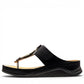 Stefania-s20211 black vegan leather toe thong sandal with ornamental buckle and padded insole. 
photo of the left side