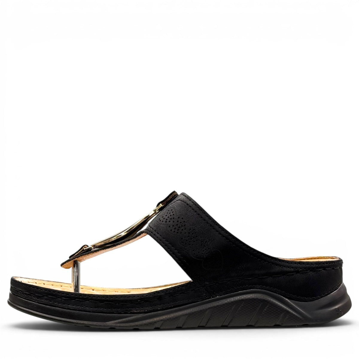 Stefania-s20211 black vegan leather toe thong sandal with ornamental buckle and padded insole. 
photo of the left side