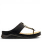 Stefania-s20211 black vegan leather toe thong sandal with ornamental buckle and padded insole. 
photo of the right side