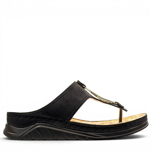 Stefania-s20211 black vegan leather toe thong sandal with ornamental buckle and padded insole. 
photo of the right side