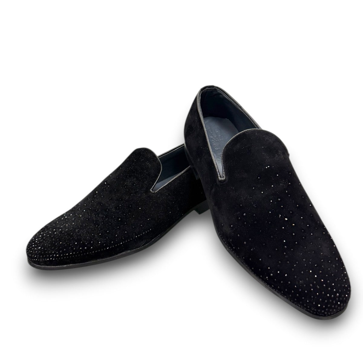 Sun Arash black suede slip-on loafers with subtle handmade stitching and a durable rubber outsole. Photo of front view 1.