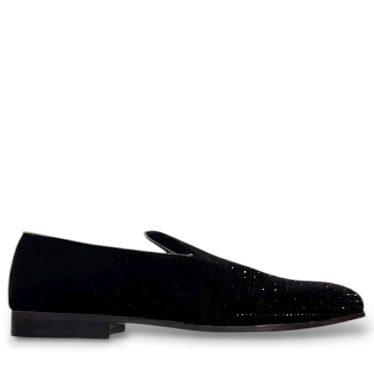Sun Arash black suede slip-on loafers with subtle handmade stitching and a durable rubber outsole. Photo of outside side view.
